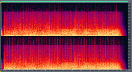 MP3 – 320 kbpsFrekvenser mellom 16 kHz og 20 kHz er for det meste kuttet bort. Bare tidvis dukker de opp, vi kan anta at komprimeringen prioriterer dette området kun ved høyfrekvente transienter, som anslag på cymbal, hi-hat, etc. De fleste voksne mennesker sliter med å høre stort over 16 kHz, så i praksis er ikke dette et stort problem.