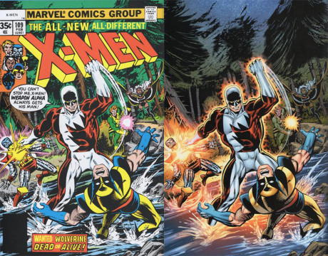  Det er ikke kun på film, kontrastfarverne orange og blå går igen. Til venstre ses førsteudgaven af X-Men nr. 109 fra 1978, til højre den nye udgave. Langt mere smæld og dybde, men farvepaletten er mere udvisket.