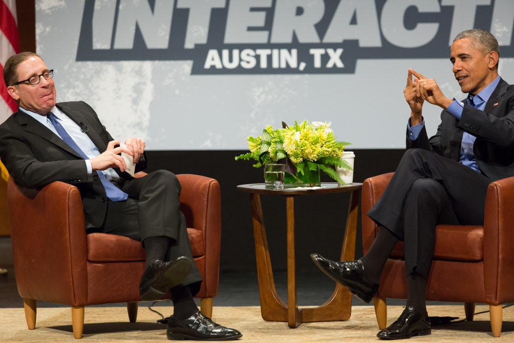 President Barack Obama in conversation with Evan Smith of the Texas Tribune during a keynote presentation on the opening day of SXSW Interactive at the Long Center for the Performing Arts in Austin, Texas on March 11, 2016. Obama talked about the potential of technology to enhance government and democracy. (Julia Robinson/Special Contributor)