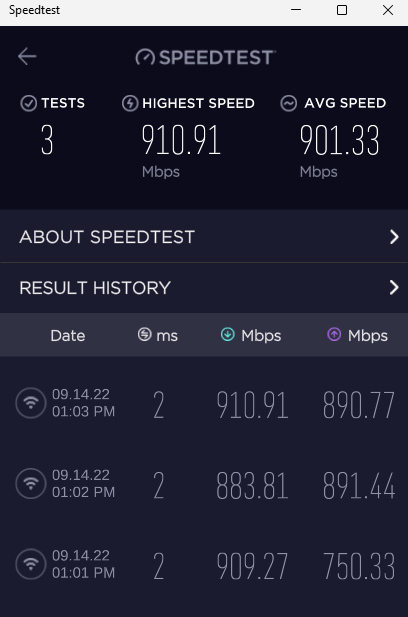 TP-Link XE75 - speedtest - node right next to wifi antenna - wired backhaul - 6GHz