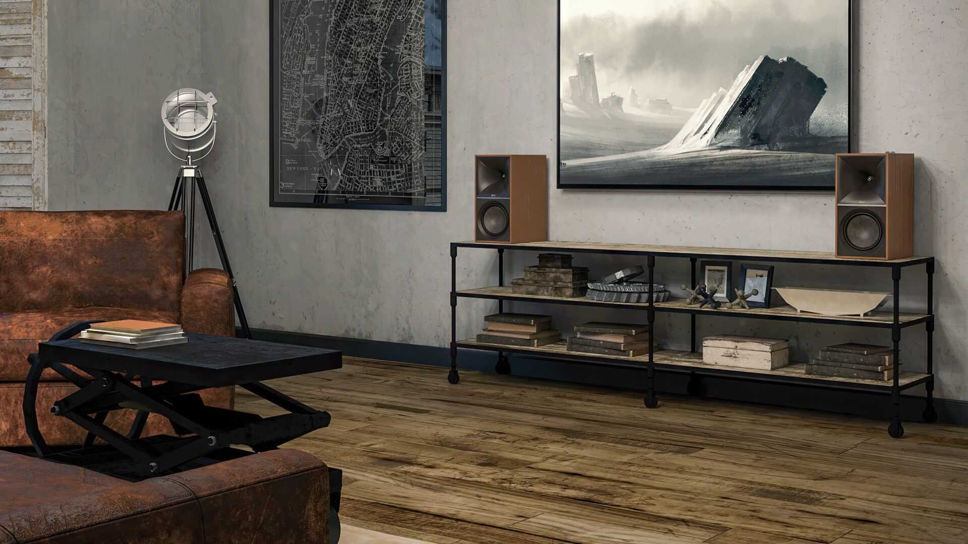 Klipsch The-Nines-Walnut-Industrial-Living-Room-scaled