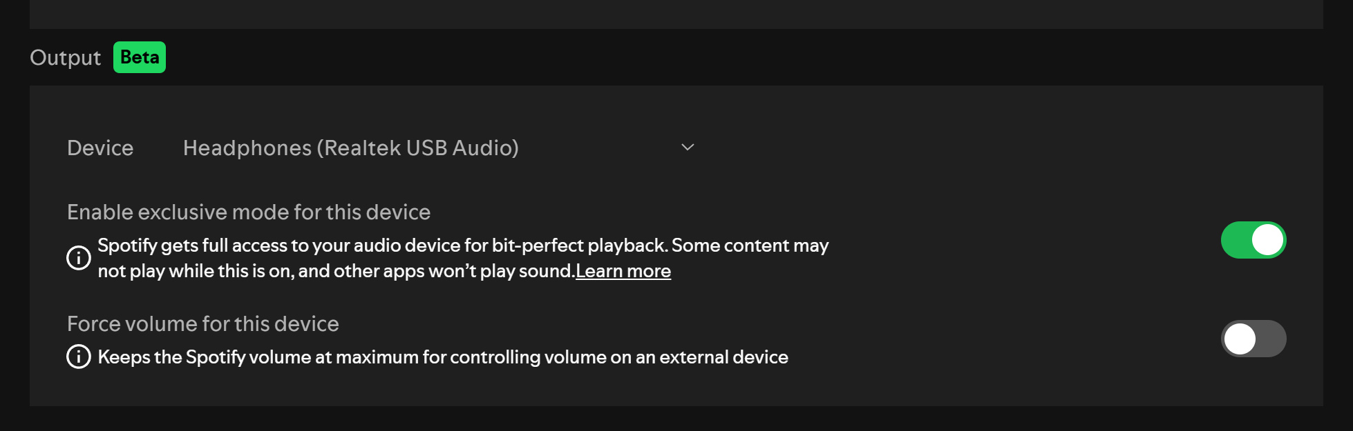 Spotify Exclusive Mode settings