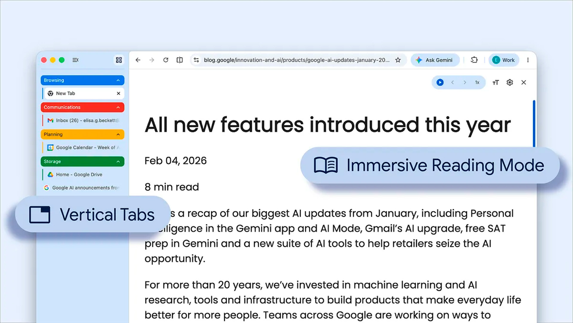 Google Chrome-oppdatering: Få vertikale faner og ny lesemodus