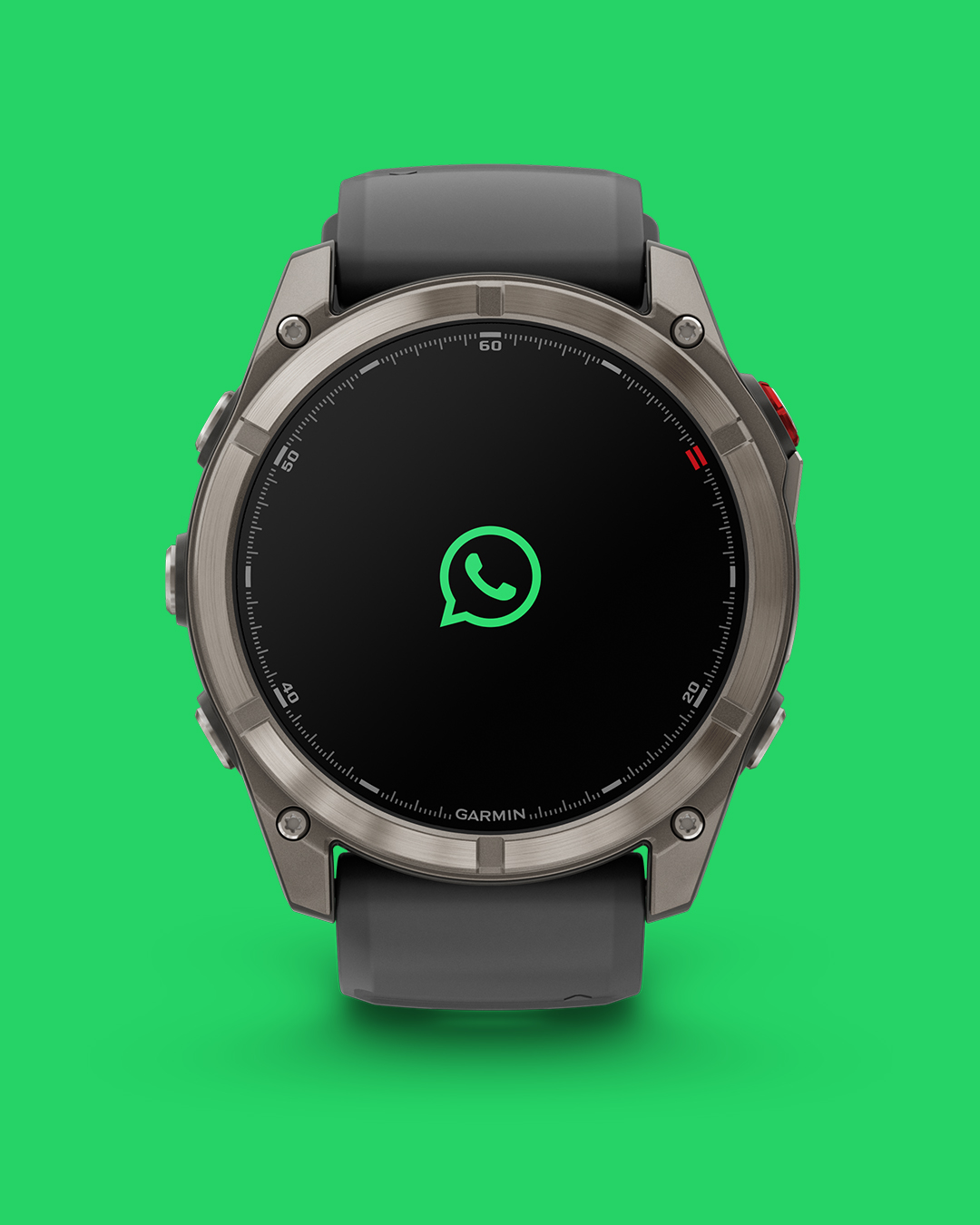 Garmin og WhatsApp: Endelig kan du svare meldinger fra håndleddet 2 Garmin Fenix 8-smartklokke i titan med WhatsApp-logoen sentrert på skjermen.