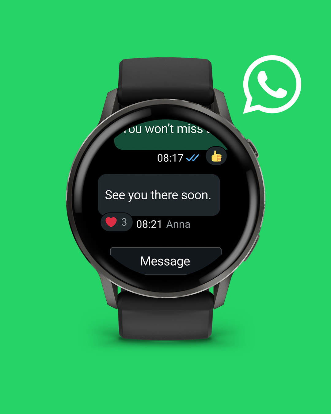 Garmin og WhatsApp: Endelig kan du svare meldinger fra håndleddet 1 Garmin Venu-smartklokke viser en WhatsApp-chat med meldingen «See you there soon» og en hjertereaksjon fra Anna.