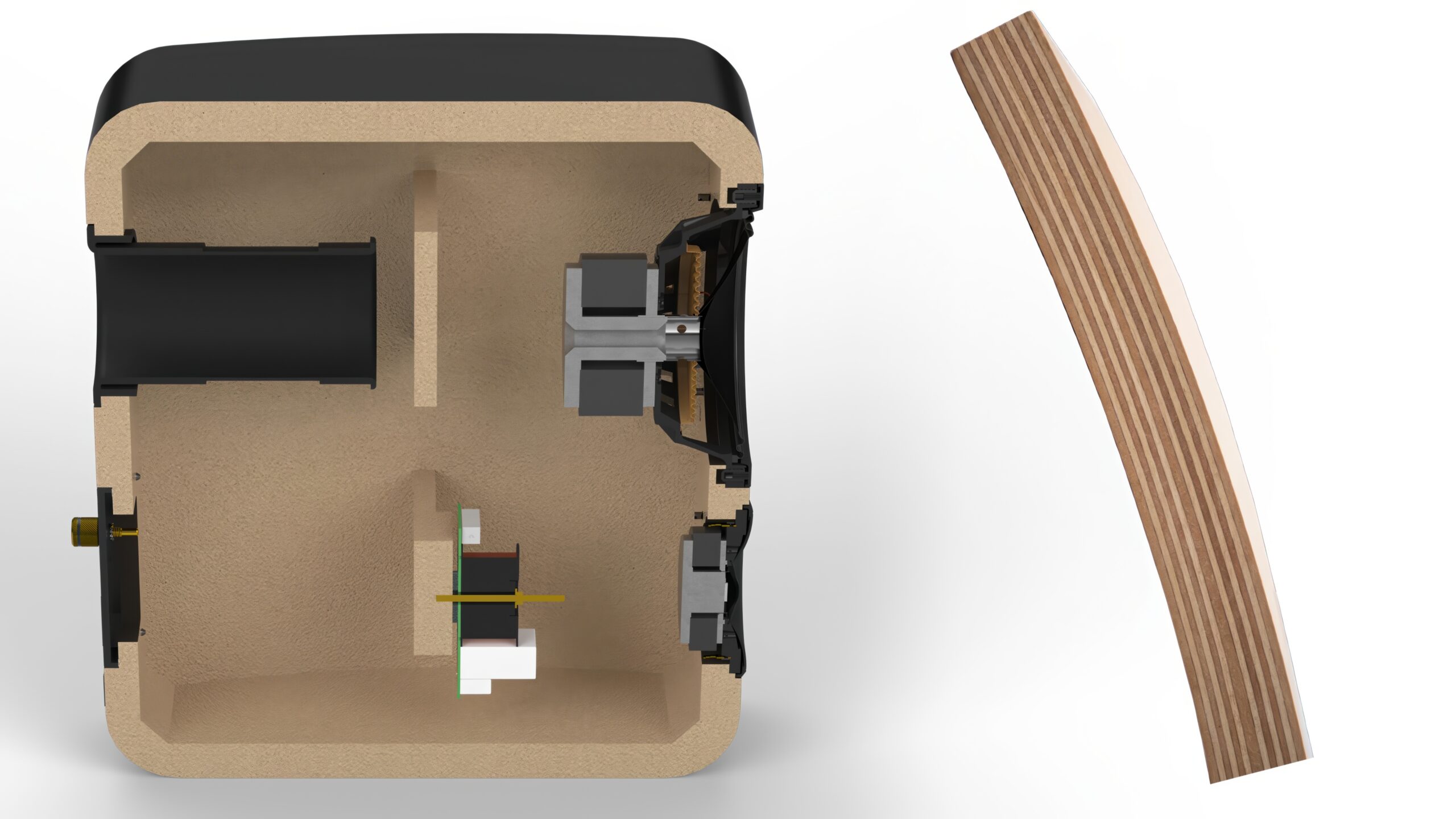 Canton Vento 2026: Ni modeller fra stereo til Atmos 3 Snittegning av et Canton Vento-kabinett som viser den indre konstruksjonen: bassrefleksåpning, internt skillerom, driverenheter med magneter, og delefilter. Ved siden av vises en kabinettvegg i flerlags MDF.