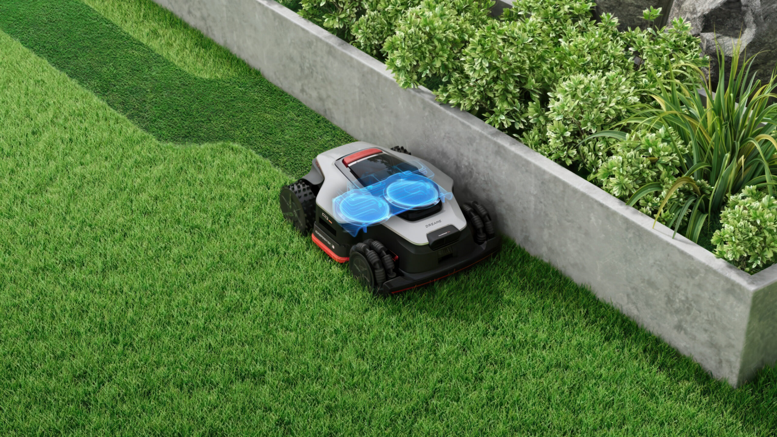 Produktillustrasjon der det indre klippedekket lyser blått og skyves sidelengs mot en betongkant, slik at robotklipperen kan klippe tett inntil en hekk og staudebed.