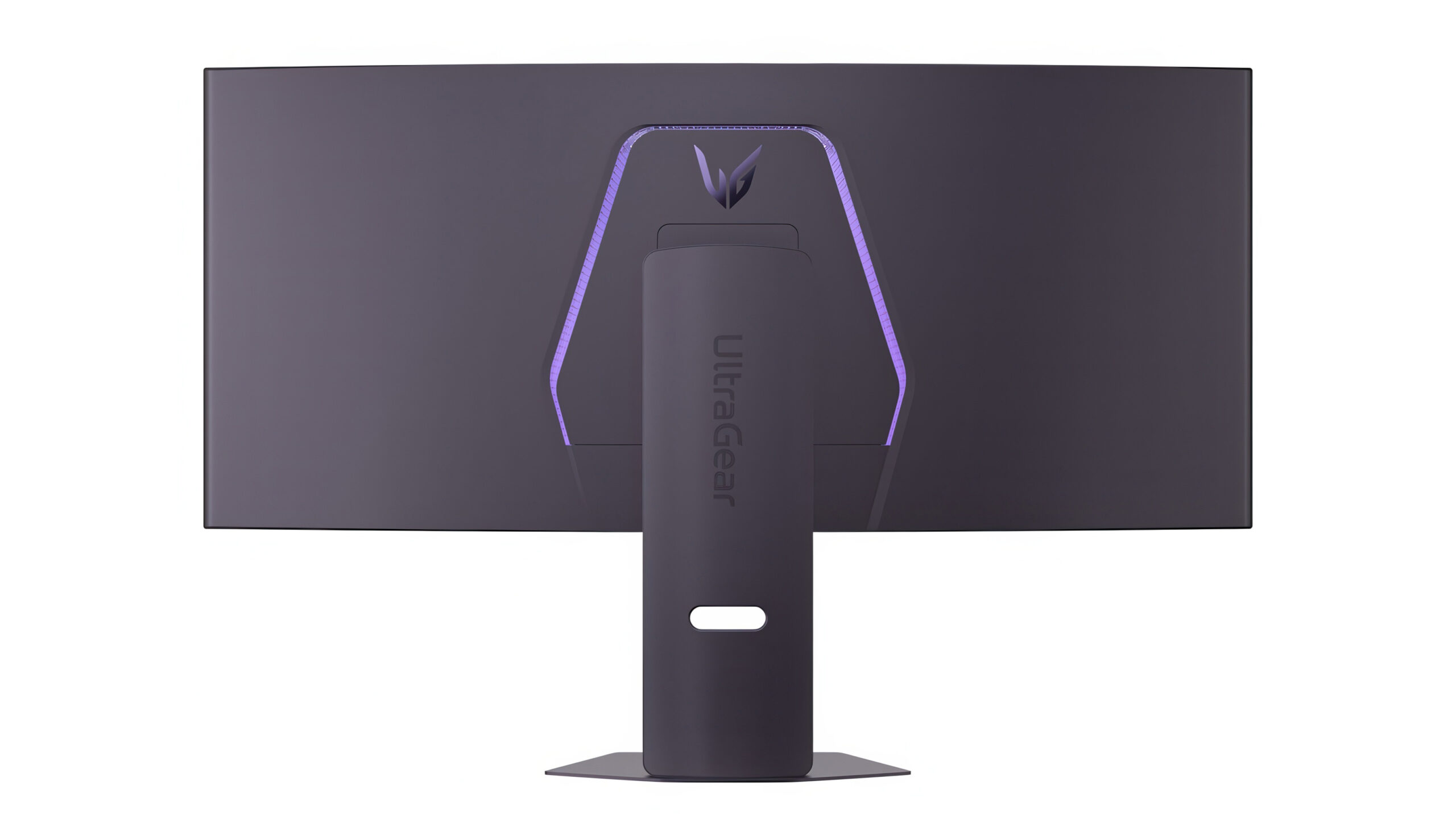 LG GX9: 5K og 330 Hz i samme skjerm 2 Baksiden av LG UltraGear evo GX9 mot hvit bakgrunn. UltraGear-logoen sitter på stativet, og rundt LG-logoen på selve panelet lyser et sekskantet lilla RGB-mønster. Stativet har en åpning for kabelføring.