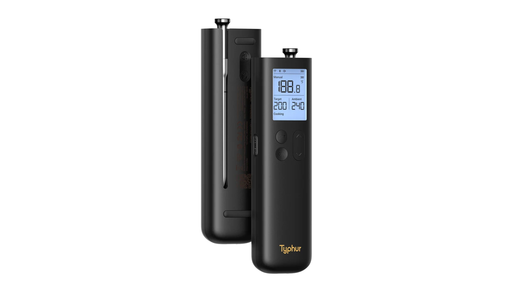 Typhur Sync Gold steketermometer: Alle får biffen som de vil 4 Typhur Sync Gold Lite vist fra to vinkler på hvit bakgrunn. Frontsiden viser en avlang sort enhet med opplyst skjerm (Manual 188.8 °F, Target 200, Ambient 240) og to knapperader. Baksiden viser en innebygd holder for sonden, som stikker opp av enheten.