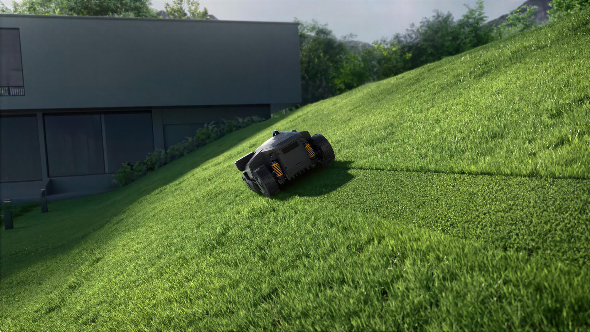 Roborock RockMow Z120 LiDAR 4 Roborock RockMow Z120 LiDAR står skrått i en bratt, frodig gressbakke foran et moderne, mørkt hus.