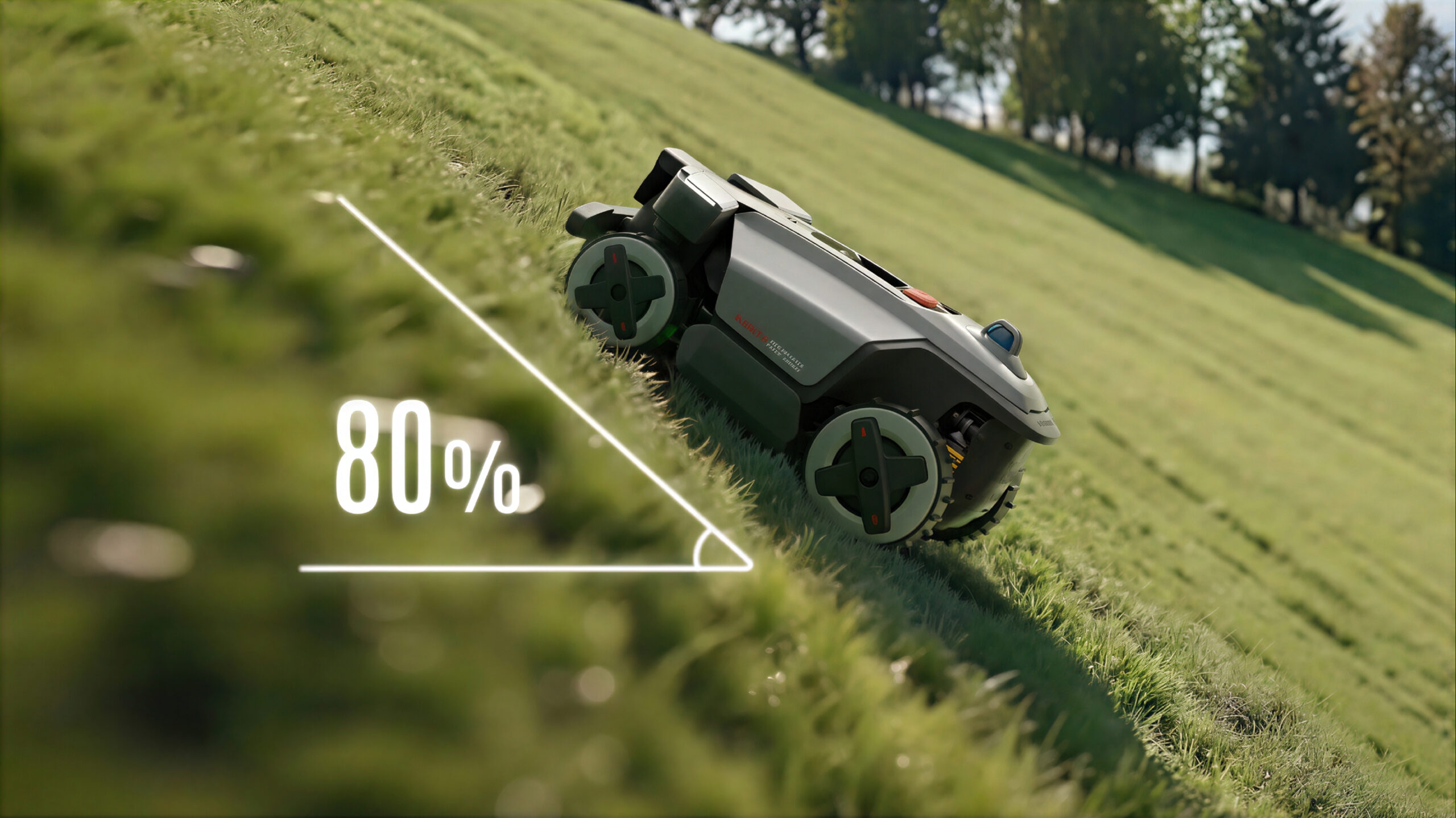 Roborock RockMow Z120 LiDAR 1 Roborock RockMow Z120 LiDAR klatrer en bratt gressbakke, med grafikk som viser 80 prosents helling.