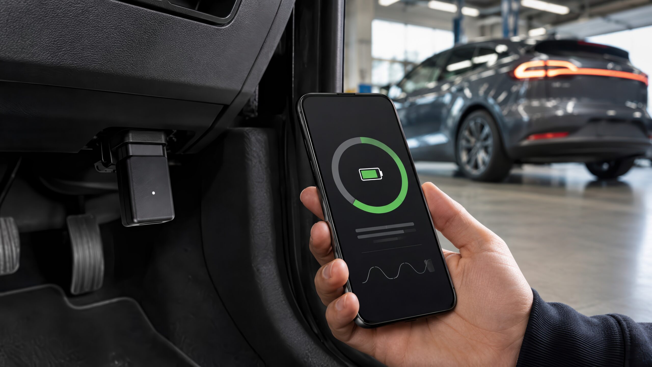 Brukt elbil: Batteritest avslører batteriets helse før du kjøper 1 En hånd holder en mobiltelefon som viser en grønn, sirkelformet måleskive for batterihelse. I bakgrunnen står en grå elbil i et lyst bilverksted, og en liten svart diagnoseboks er koblet til bilens OBD-port.