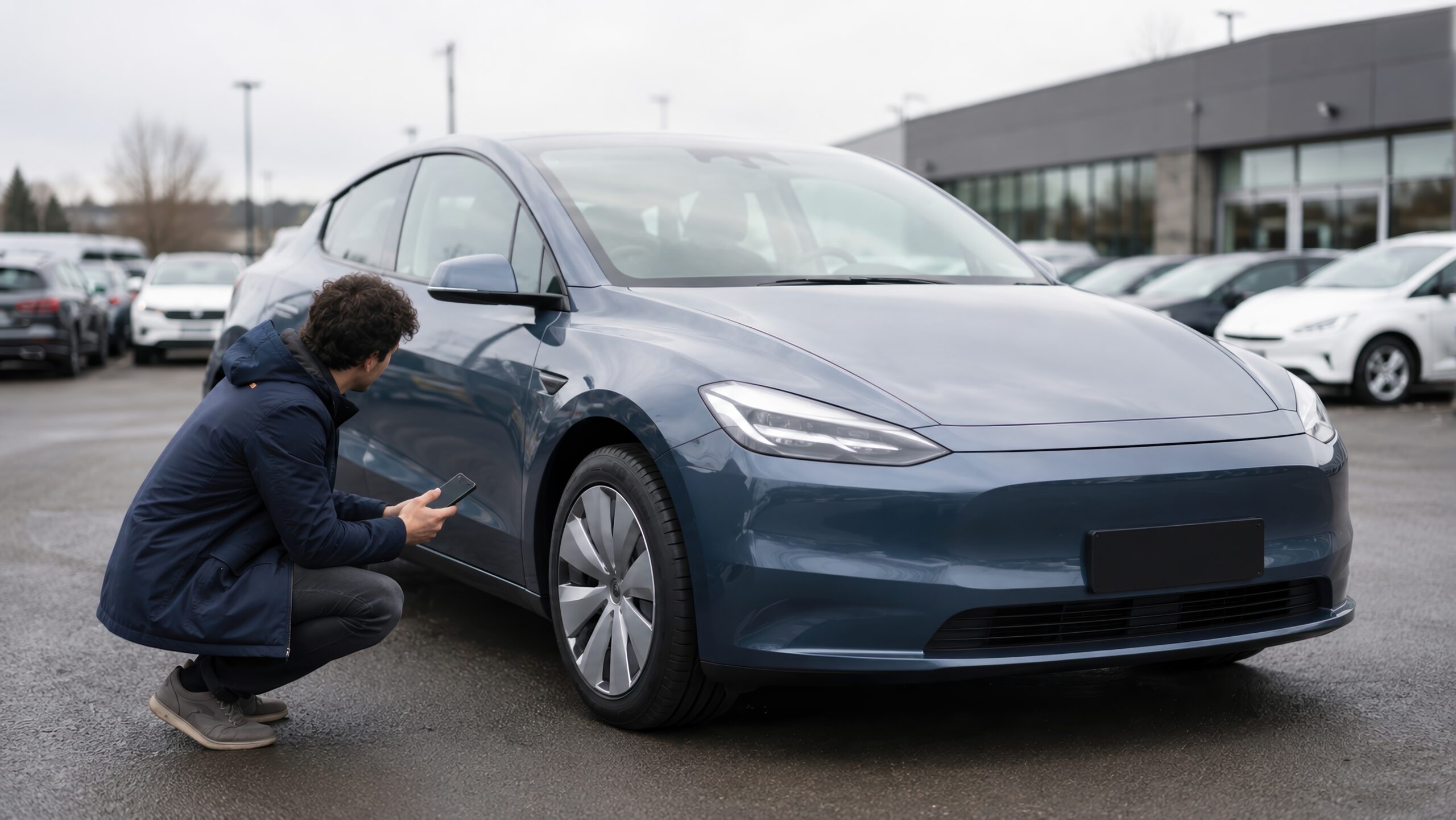 Brukt elbil: Batteritest avslører batteriets helse før du kjøper 3 En mann i mørk blå jakke sitter på huk ved siden av en blågrå elbil og ser på en mobiltelefon. Bak ham står flere biler oppstilt på et utendørs forhandlerområde.